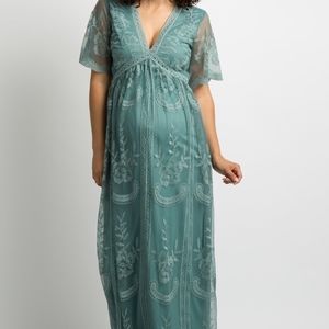 PinkBlush Maternity Sage Overlay Lace Maxi Dress in Size Medium